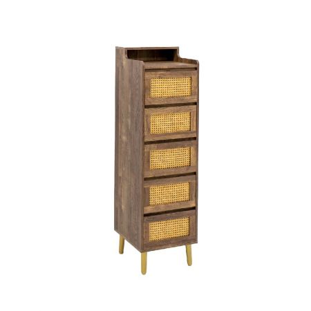 5 zásuvkových panelů je vyrobeno z ratanu v kombinaci s dřevěnými rámy z plastové překližky. Celková výška se blíží 140 cm. Horní prostor je rozdělen na dlouhé a krátké panely.